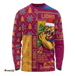 Amazing Aussie Brisbane Lions Merry Christmas Knit Style Festive Spirit Long Sleeve T-shirt