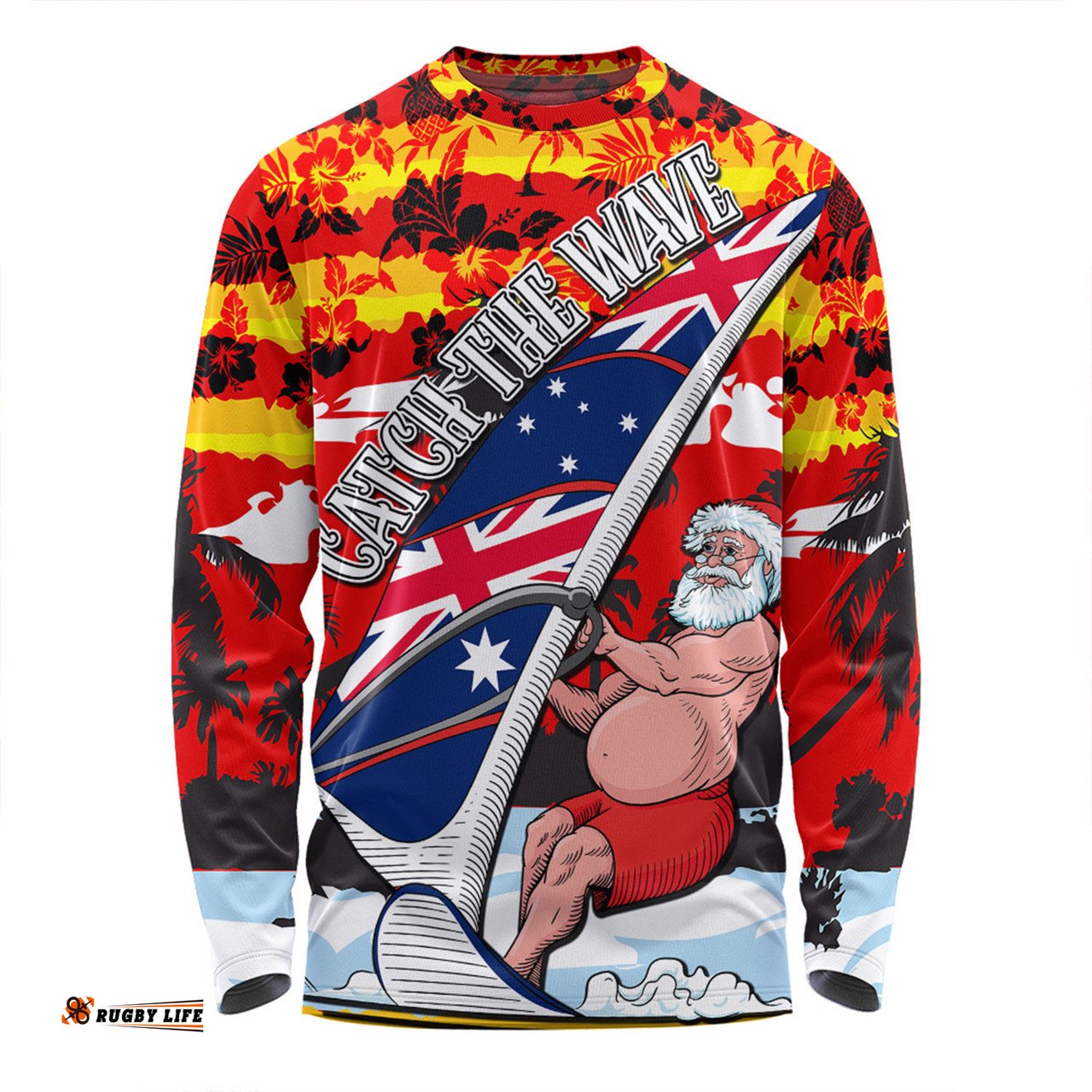 Amazing Aussie Australia Surfing Christmas Tropical Santa Catch The Wave Long Sleeve T-shirt