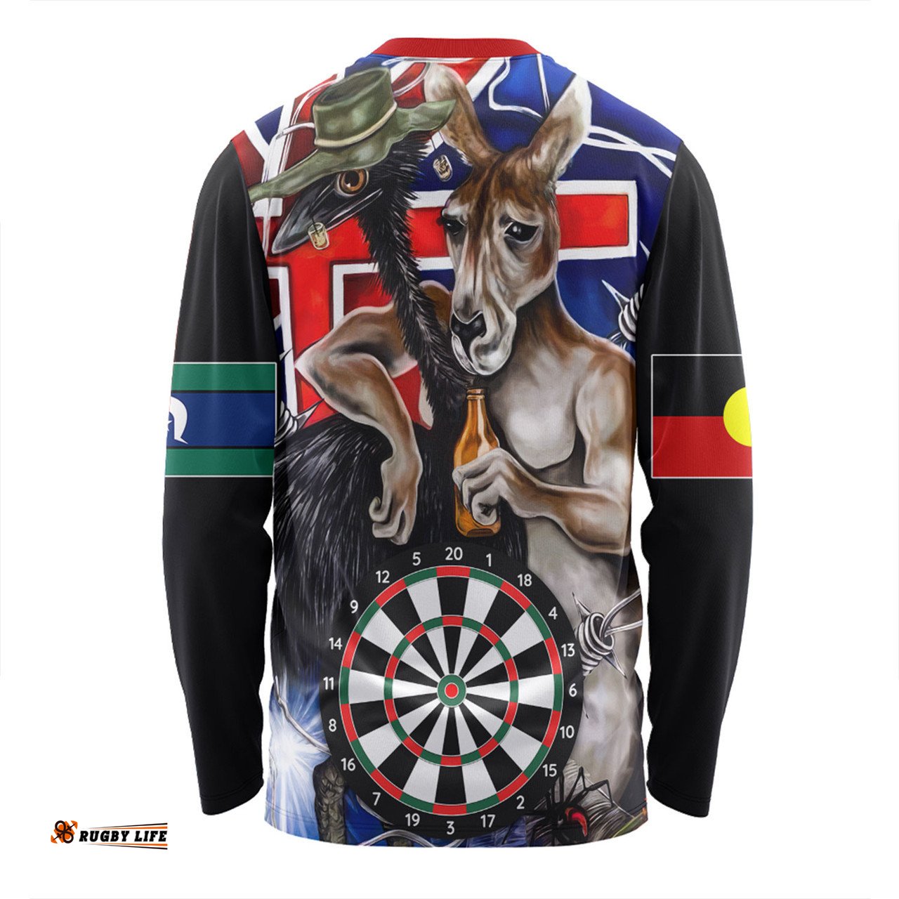 Amazing Aussie Australia Sport Darts Custom Dart Board And Australia Flag Patterns With Kangaroo Drinking Art Long Sleeve T-shirt