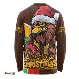 Amazing Aussie Hawthorn Santa Scoring Touchdown On Christmas Game Day Long Sleeve T-shirt