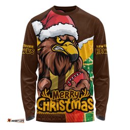 Amazing Aussie Hawthorn Santa Scoring Touchdown On Christmas Game Day Long Sleeve T-shirt