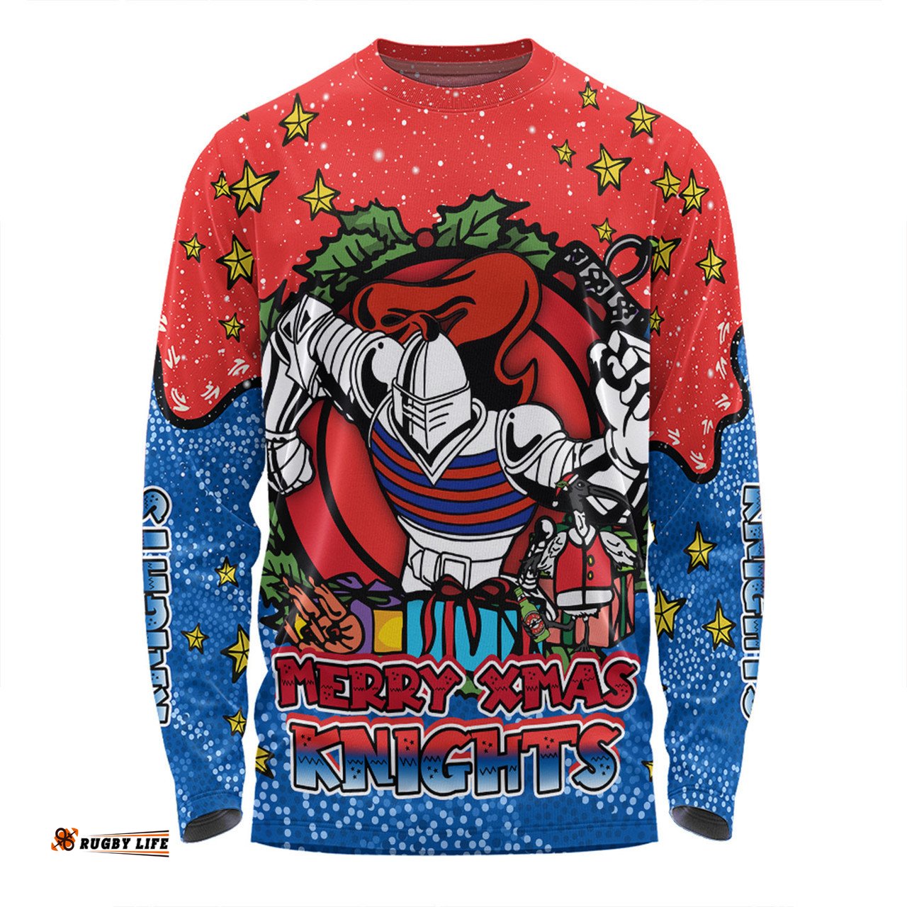 Amazing Aussie Newcastle Knights Christmas Custom Merry Christmas Our Beloved Team With Aboriginal Dot Art Pattern Long Sleeve T-shirt