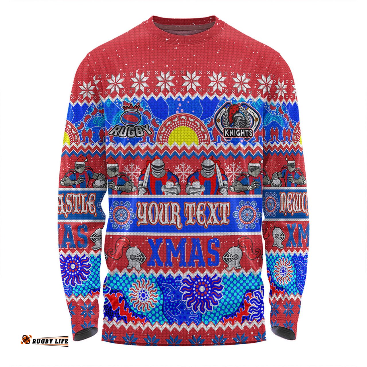 Amazing Aussie Newcastle Knights Christmas Aboriginal Custom Indigenous Knitted Ugly Xmas Style Long Sleeve T-shirt