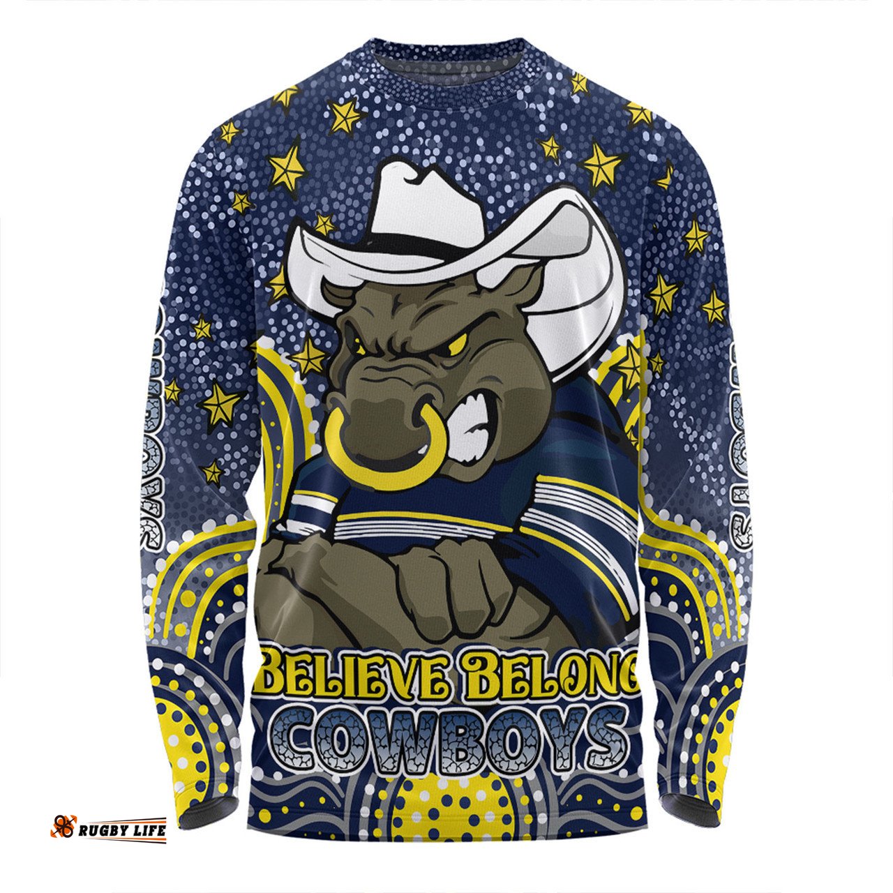 Amazing Aussie North Queensland Cowboys Custom Custom With Aboriginal Inspired Style Of Dot Painting Patterns Long Sleeve T-shirt