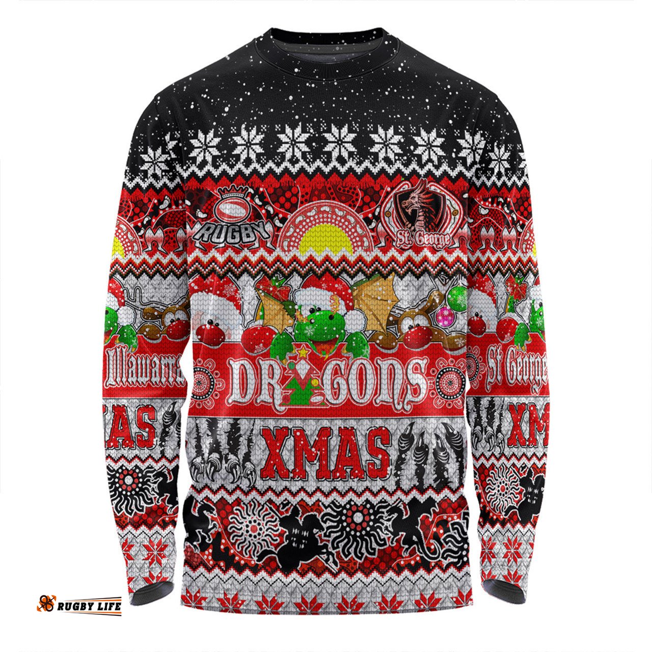 Amazing Aussie St. George Illawarra Dragons Christmas Aboriginal Custom Indigenous Knitted Ugly Xmas Style Long Sleeve T-shirt