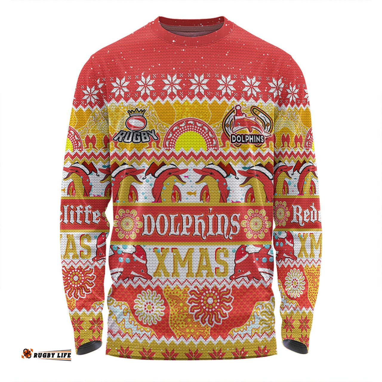 Amazing Aussie Redcliffe Dolphins Christmas Aboriginal Custom Indigenous Knitted Ugly Xmas Style Long Sleeve T-shirt