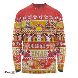 Amazing Aussie Redcliffe Dolphins Christmas Aboriginal Custom Indigenous Knitted Ugly Xmas Style Long Sleeve T-shirt