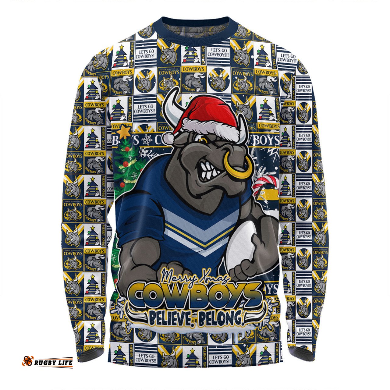 Amazing Aussie North Queensland Cowboys Merry Ugly Christmas Comic Style Long Sleeve T-shirt