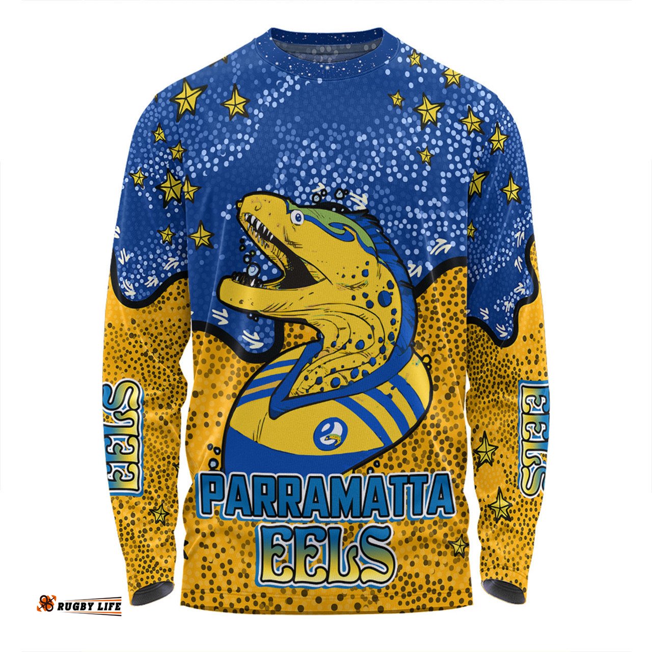 Amazing Aussie Parramatta Eels Custom Team With Dot And Star Patterns For Tough Fan Long Sleeve T-shirt