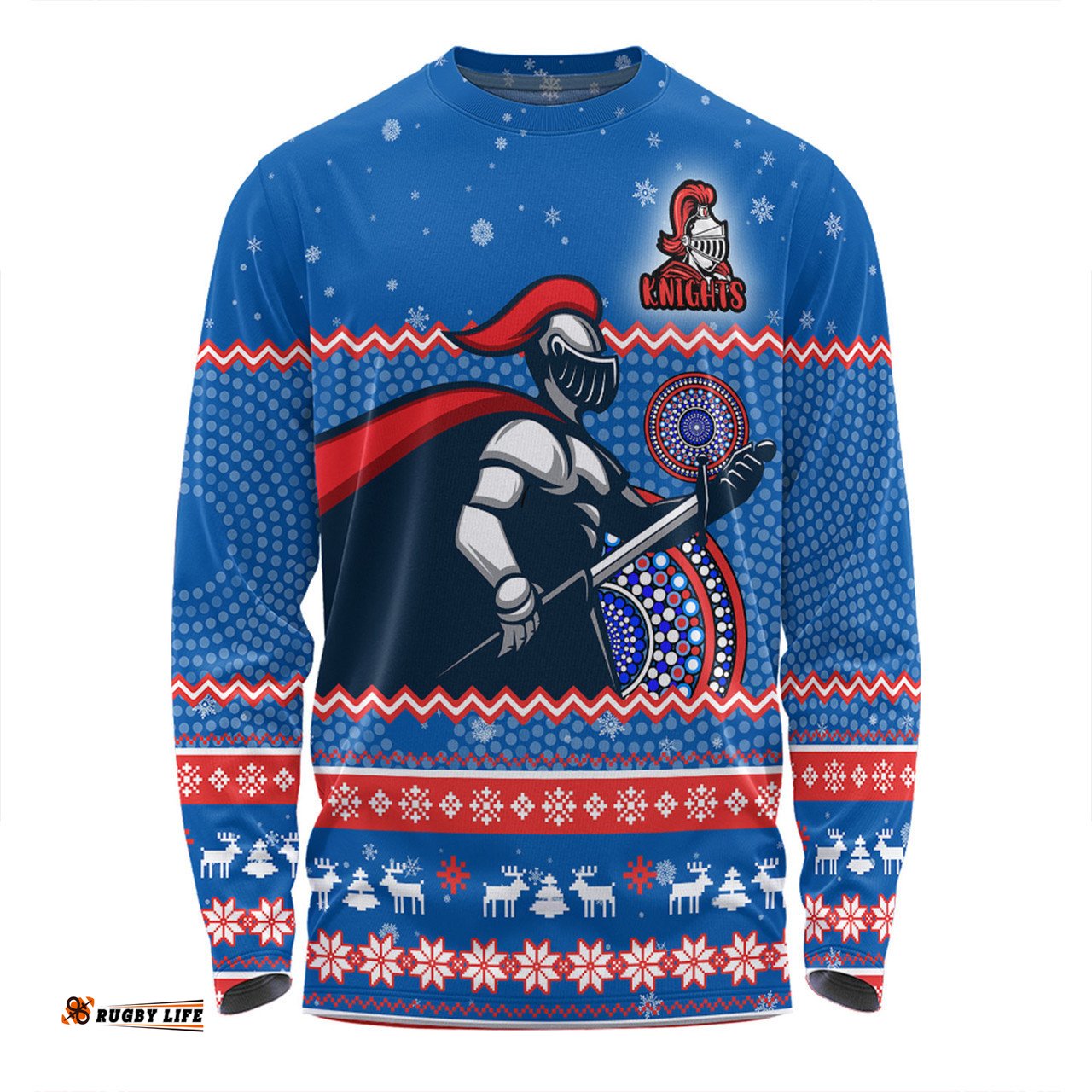 Amazing Aussie Newcastle Knights Christmas Custom Ugly Xmas And Aboriginal Patterns For Die Hard Fan Long Sleeve T-shirt