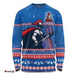 Amazing Aussie Newcastle Knights Christmas Custom Ugly Xmas And Aboriginal Patterns For Die Hard Fan Long Sleeve T-shirt