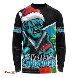 Amazing Aussie Port Adelaide Santa Scoring Touchdown On Christmas Game Day Long Sleeve T-shirt