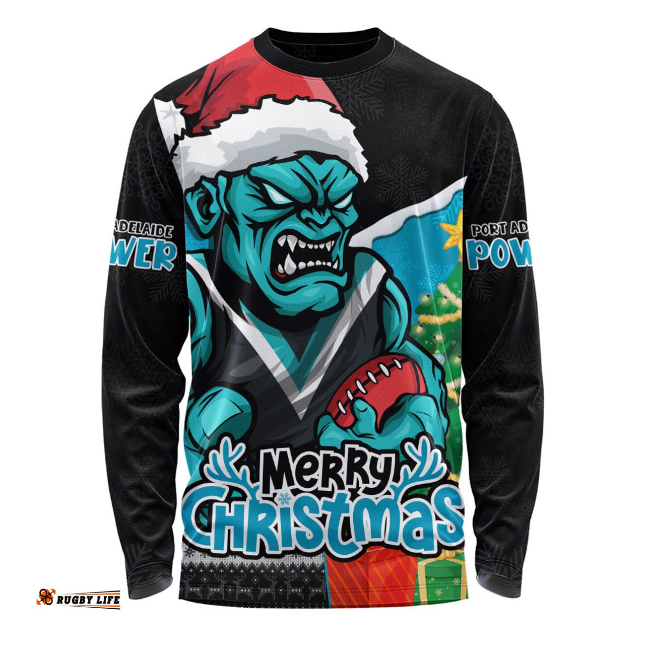Amazing Aussie Port Adelaide Santa Scoring Touchdown On Christmas Game Day Long Sleeve T-shirt