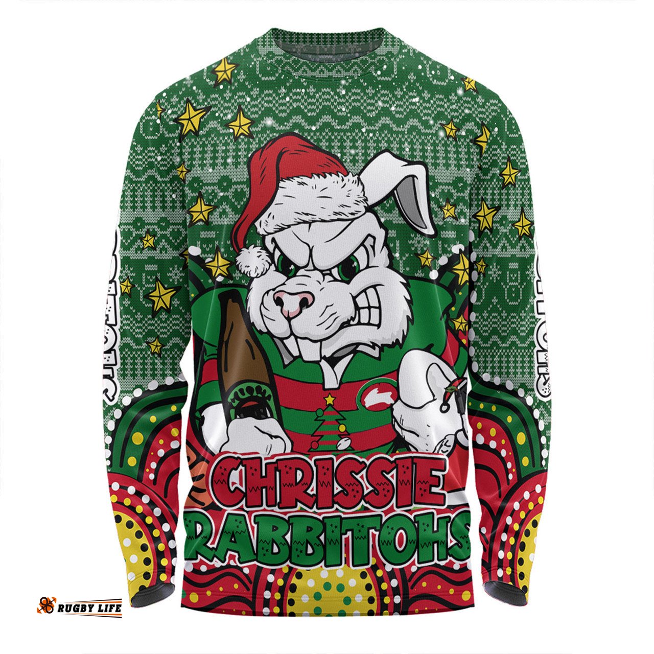 Amazing Aussie South Sydney Rabbitohs Custom Christmas Knit Patterns Vintage Jersey Ugly Long Sleeve T-shirt