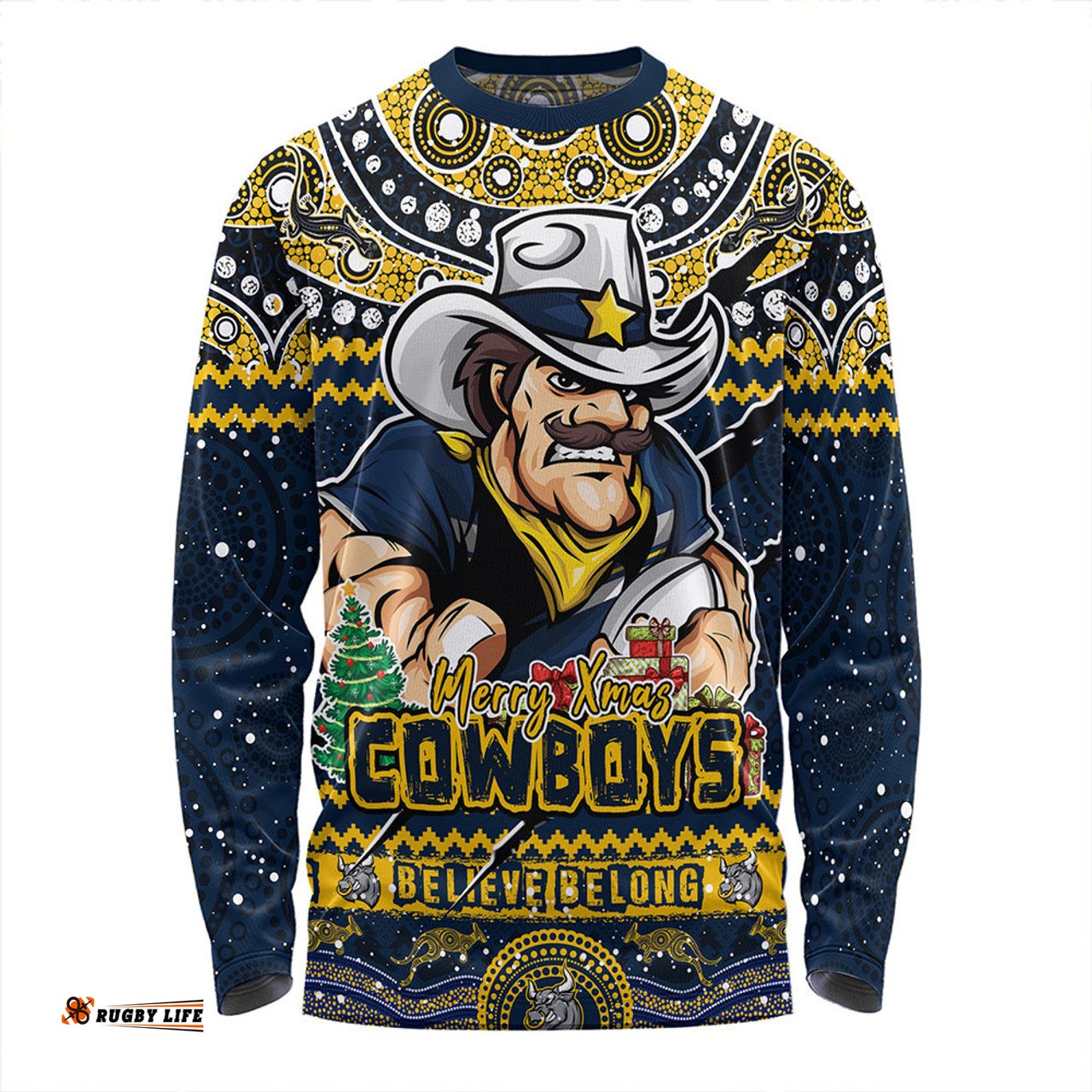 Amazing Aussie North Queensland Cowboys Aboriginal Xmas Special Ugly Christmas Style Long Sleeve T-shirt