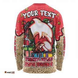 Amazing Aussie Redcliffe Dolphins Christmas Custom Merry Christmas Our Beloved Team With Aboriginal Dot Art Pattern Long Sleeve T-shirt