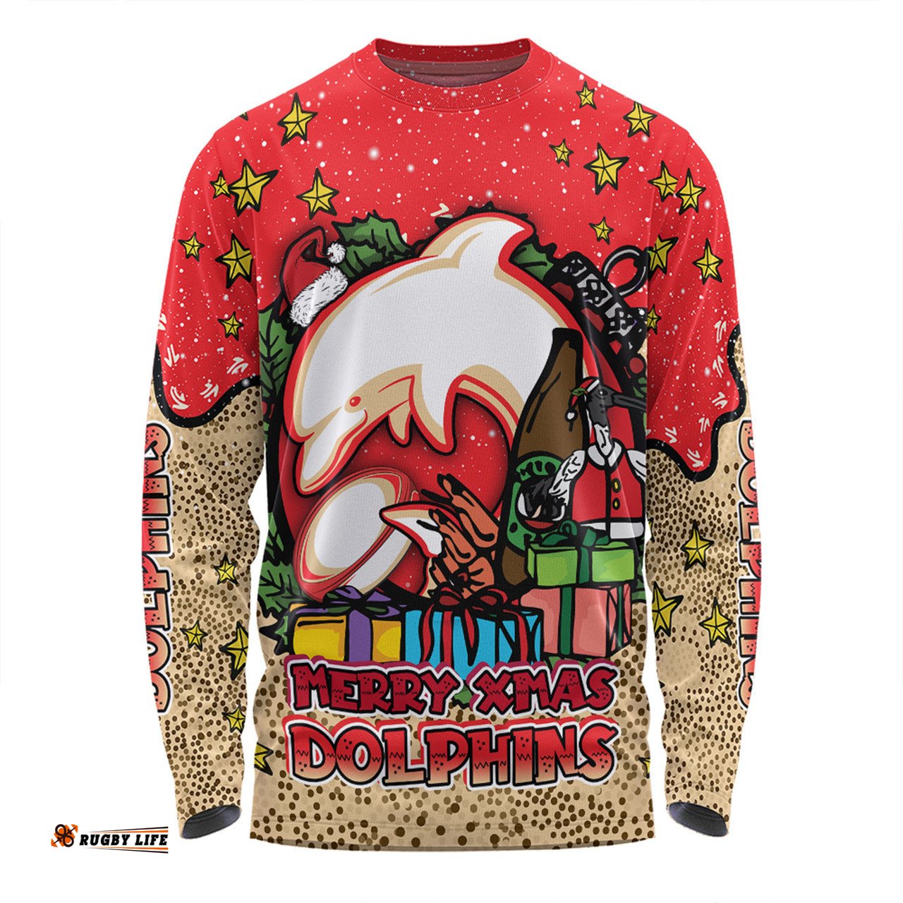 Amazing Aussie Redcliffe Dolphins Christmas Custom Merry Christmas Our Beloved Team With Aboriginal Dot Art Pattern Long Sleeve T-shirt