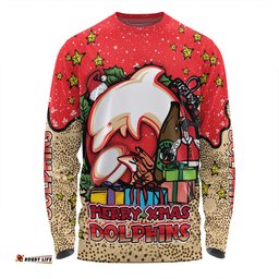 Amazing Aussie Redcliffe Dolphins Christmas Custom Merry Christmas Our Beloved Team With Aboriginal Dot Art Pattern Long Sleeve T-shirt