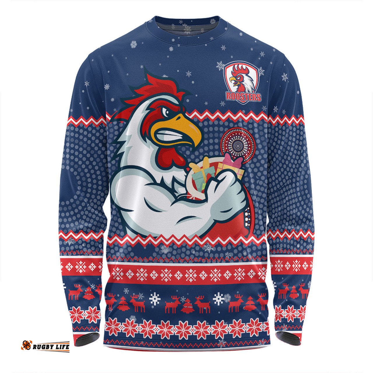 Amazing Aussie Sydney Roosters Christmas Custom Ugly Xmas And Aboriginal Patterns For Die Hard Fan Long Sleeve T-shirt