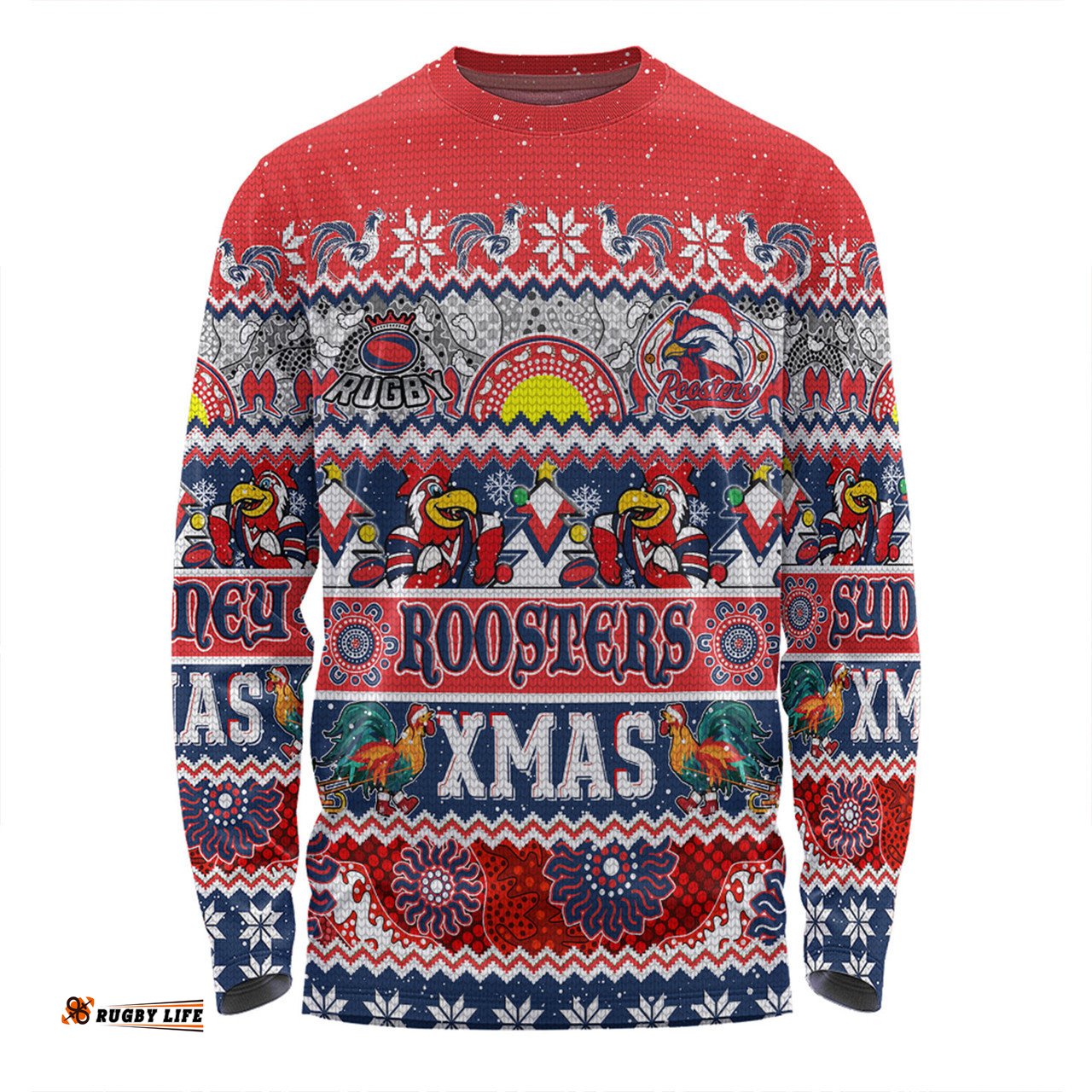 Amazing Aussie Sydney Roosters Christmas Aboriginal Custom Indigenous Knitted Ugly Xmas Style Long Sleeve T-shirt