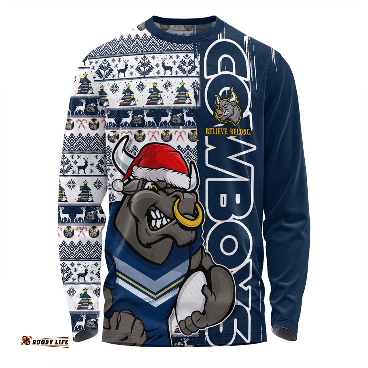 Amazing Aussie North Queensland Cowboys Merry Ugly Xmas Nordic Pattern Style Long Sleeve T-shirt