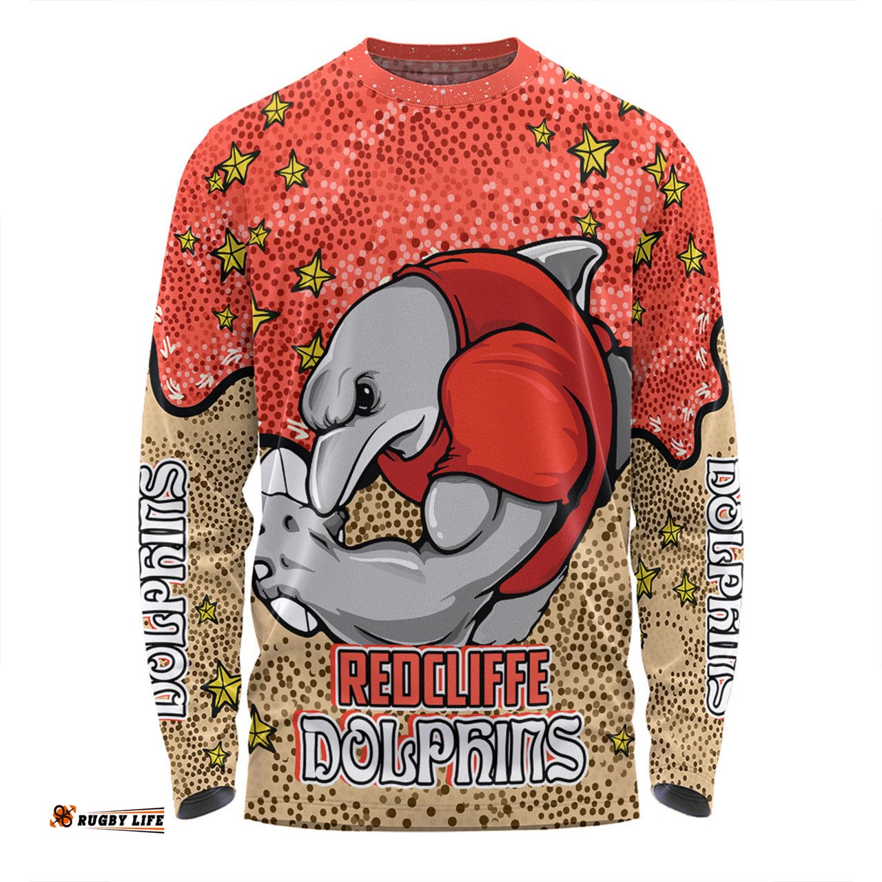 Amazing Aussie Redcliffe Dolphins Custom Team With Dot And Star Patterns For Tough Fan Long Sleeve T-shirt