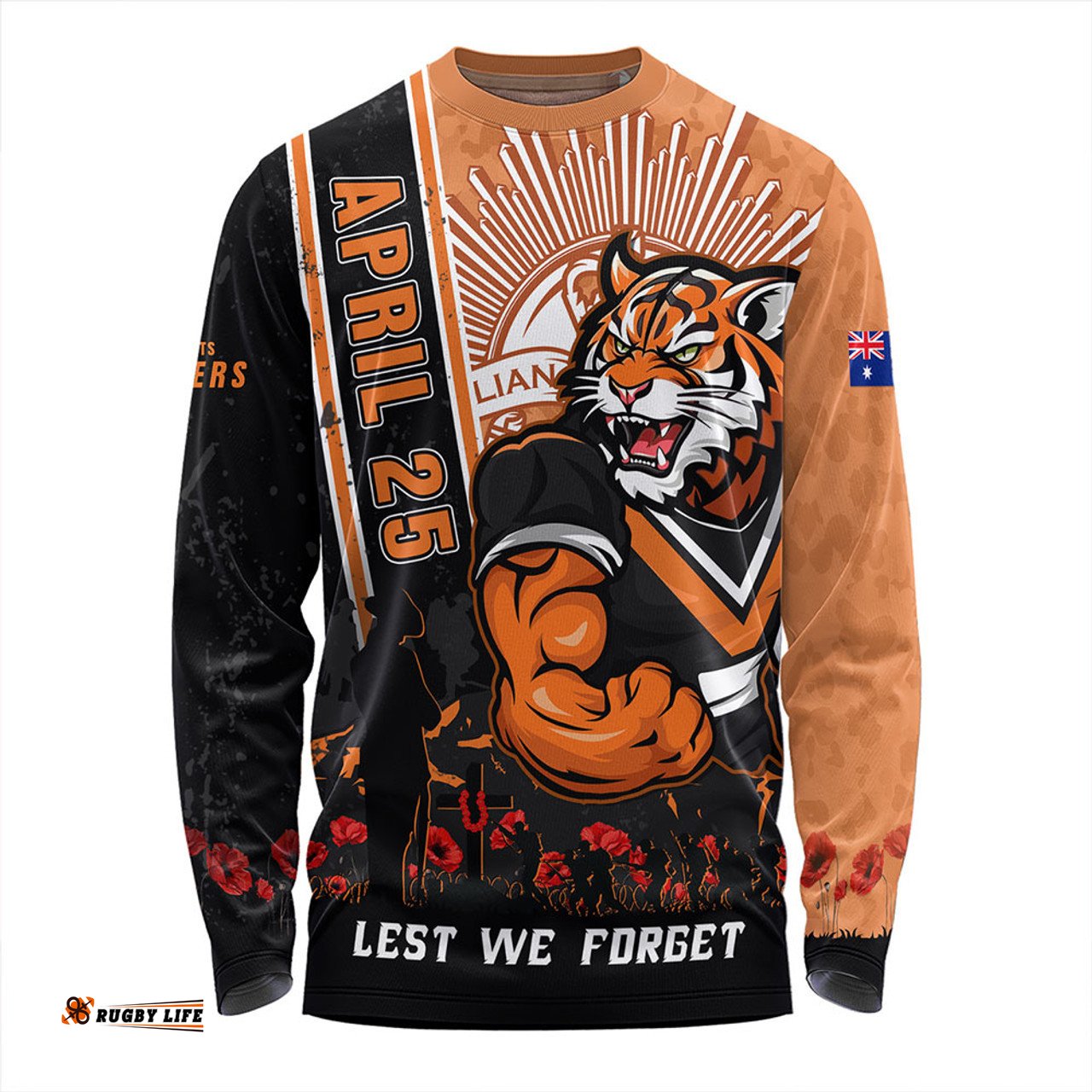 Amazing Aussie Wests Tigers Anzac Day Lest We Forget Strong Fighting Spirit Long Sleeve T-shirt