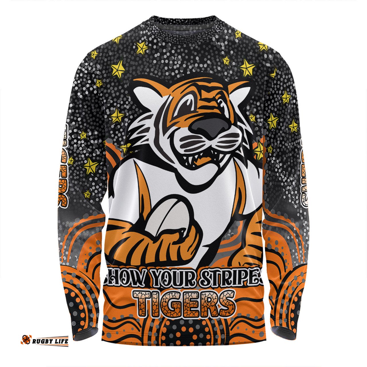 Amazing Aussie Wests Tigers Custom Custom With Aboriginal Inspired Style Of Dot Painting Patterns Long Sleeve T-shirt