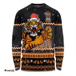 Amazing Aussie Wests Tigers Christmas Custom Ugly Xmas And Aboriginal Patterns For Die Hard Fan Long Sleeve T-shirt