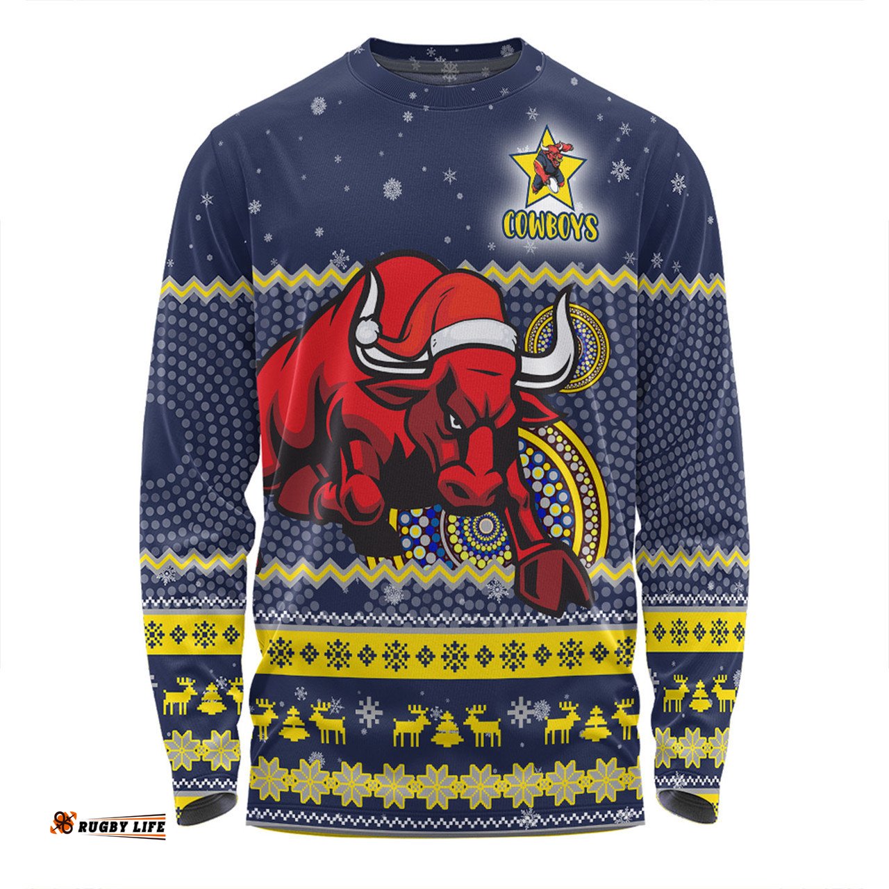 Amazing Aussie North Queensland Cowboys Christmas Custom Ugly Xmas And Aboriginal Patterns For Die Hard Fan Long Sleeve T-shirt