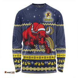 Amazing Aussie North Queensland Cowboys Christmas Custom Ugly Xmas And Aboriginal Patterns For Die Hard Fan Long Sleeve T-shirt