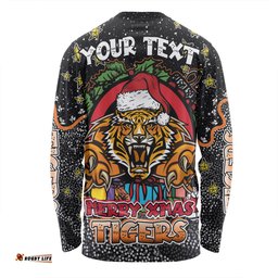 Amazing Aussie Wests Tigers Christmas Custom Merry Christmas Our Beloved Team With Aboriginal Dot Art Pattern Long Sleeve T-shirt
