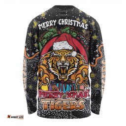 Amazing Aussie Wests Tigers Christmas Custom Merry Christmas Our Beloved Team With Aboriginal Dot Art Pattern Long Sleeve T-shirt