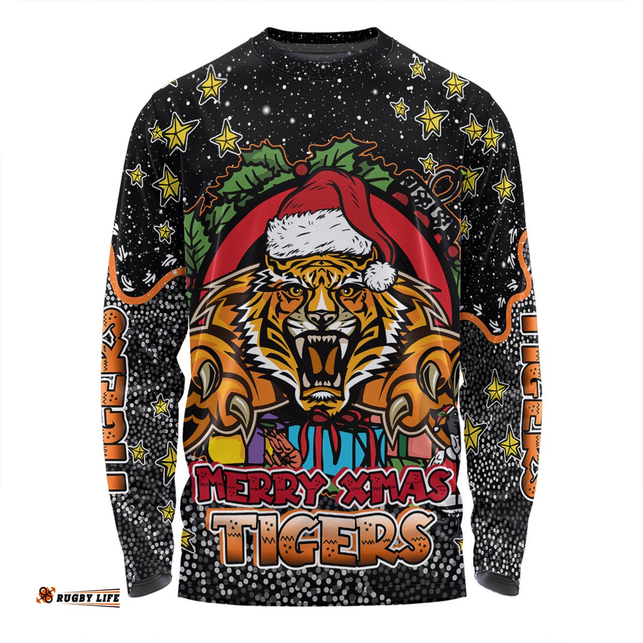 Amazing Aussie Wests Tigers Christmas Custom Merry Christmas Our Beloved Team With Aboriginal Dot Art Pattern Long Sleeve T-shirt