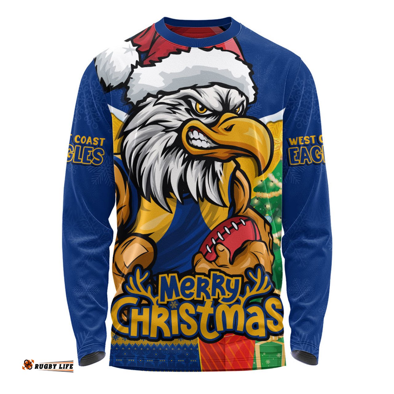 Amazing Aussie West Coast Eagles Santa Scoring Touchdown On Christmas Game Day Long Sleeve T-shirt