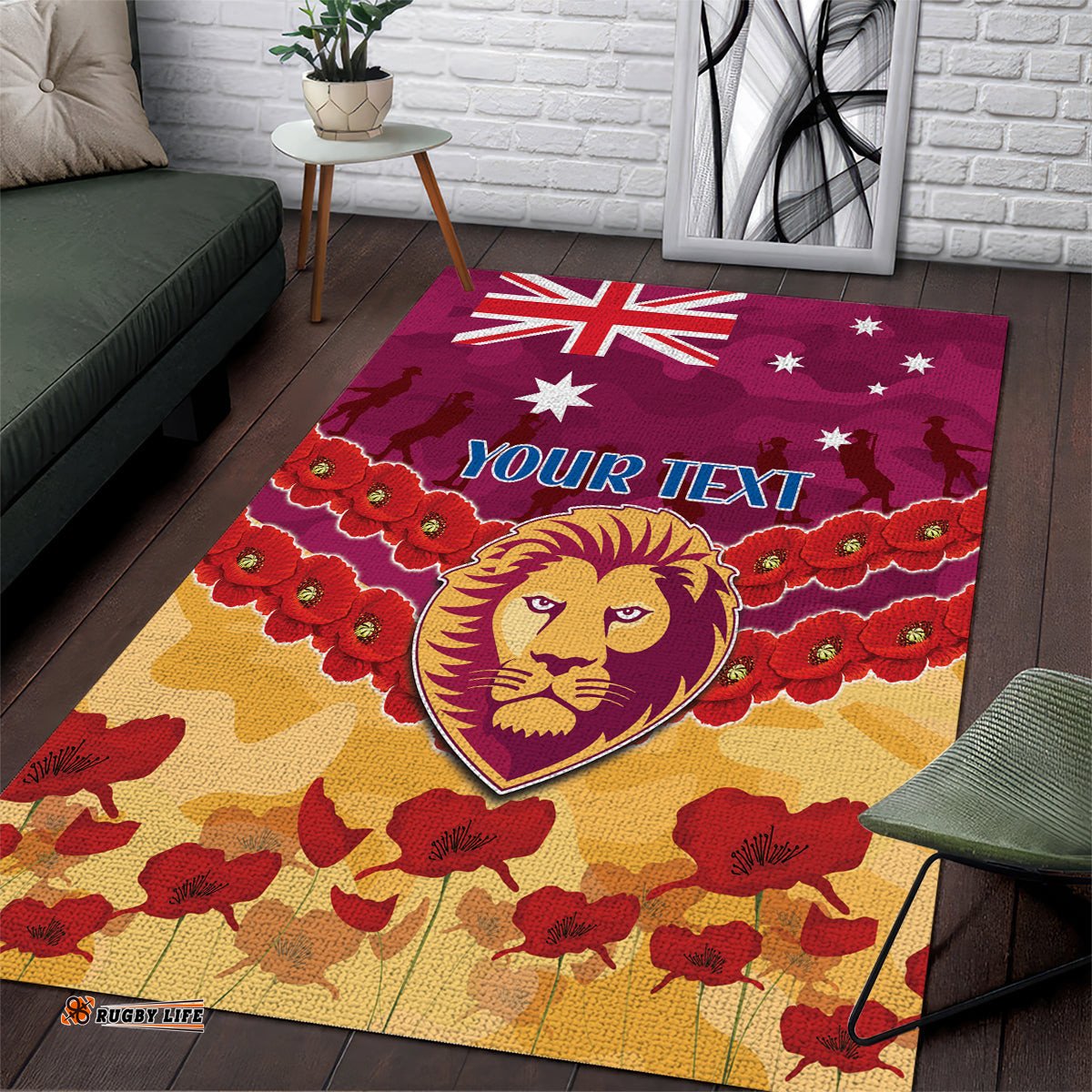 Custom Brisbane Lions Football Area Rug ANZAC Lest We Forget