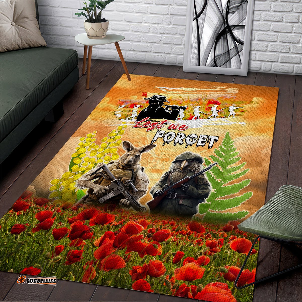 Australia And New Zealand ANZAC Day Area Rug Kangaroo And Kiwi Bird Soldiers Lest We Forget