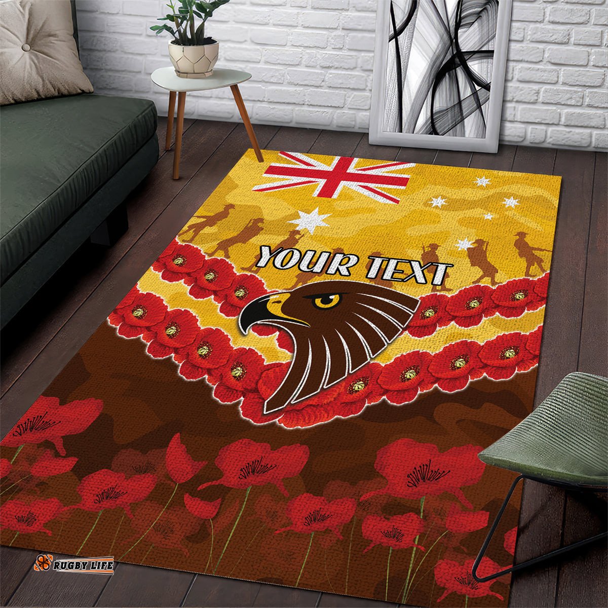 Custom Hawks Football Area Rug ANZAC Lest We Forget