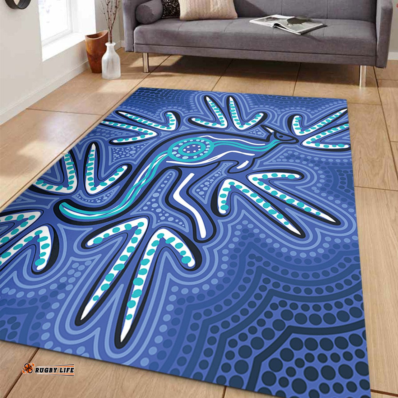 Amazing Aussie Australia Aboriginal Blue Aboriginal Style Of Dot Kangaroo Artwork Area Rug