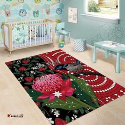 Personalised Australia Waratah And Superb Fairywren Area Rug Aboriginal Art