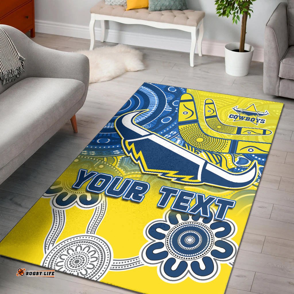 Custom Personalised Cowboys Rugby Area Rug Aboriginal Boomerang Go Premiers North Queensland