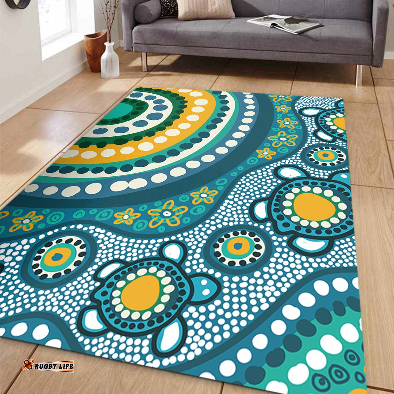 Amazing Aussie Australia Aboriginal Turquoise Aboriginal Dot Art With Turtle Area Rug