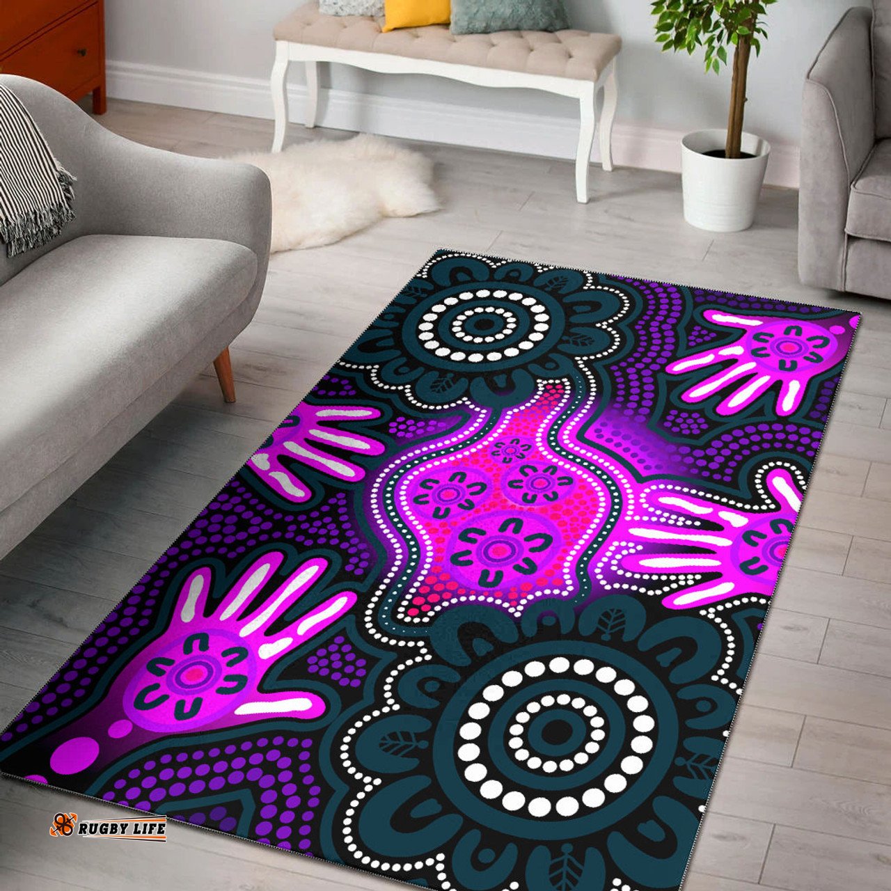 Australia Aboriginal Inspired Area Rug - Aboriginal Inspired dot artwork with hands