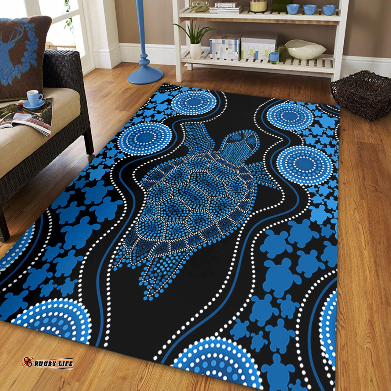Amazing Aussie Australia Aboriginal Art Turtles Inspired Blue Area Rug