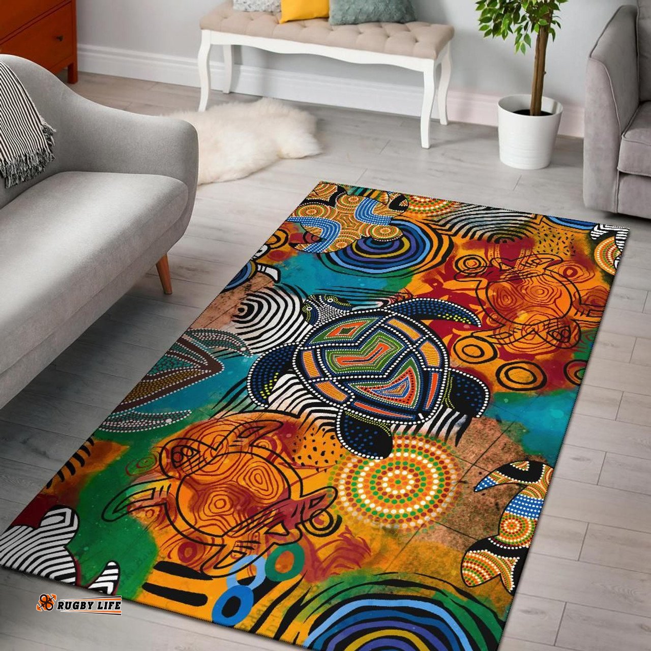 Australia Aboriginal Inspired Area Rug - Turtle Indigenous Art