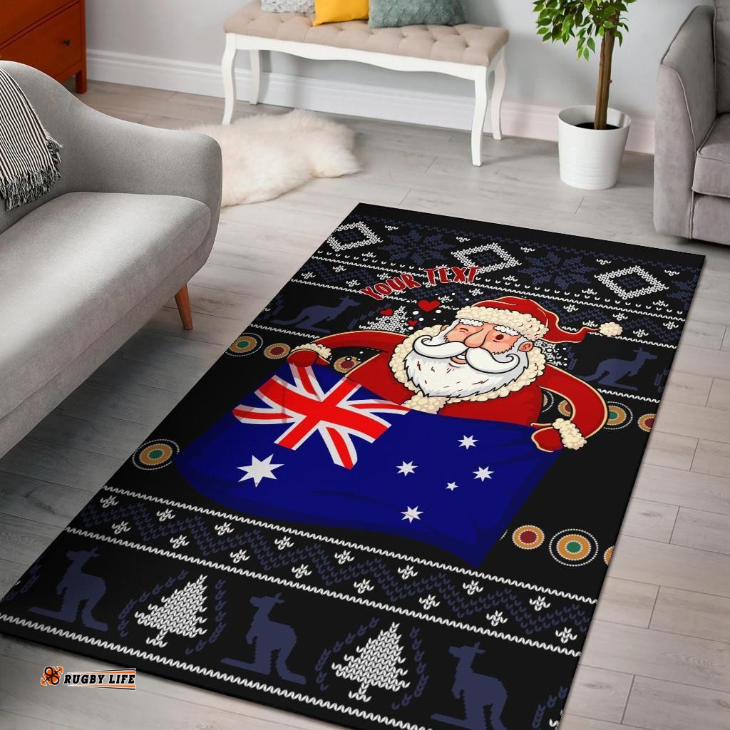Christmas Personalised Area Rug Australia Santa Claus Hold The Flag Black
