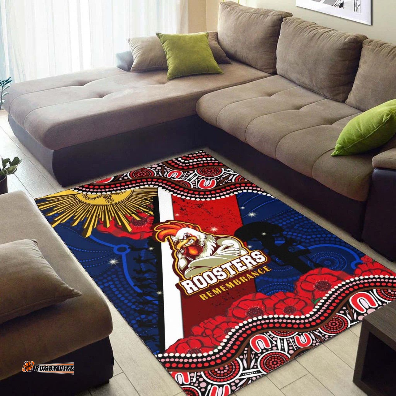 Roosters Rugby ANZAC Aboriginal Area Rug Sydney Roosters with Remembrance Day Poppy Flower Area Rug