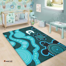 Australia Aboriginal Turtles Torres Strait Islands Area Rug - Blue Turtles With Aboriginal Dot Art Painting Patterns And Torres Strait Symbol Area Rug