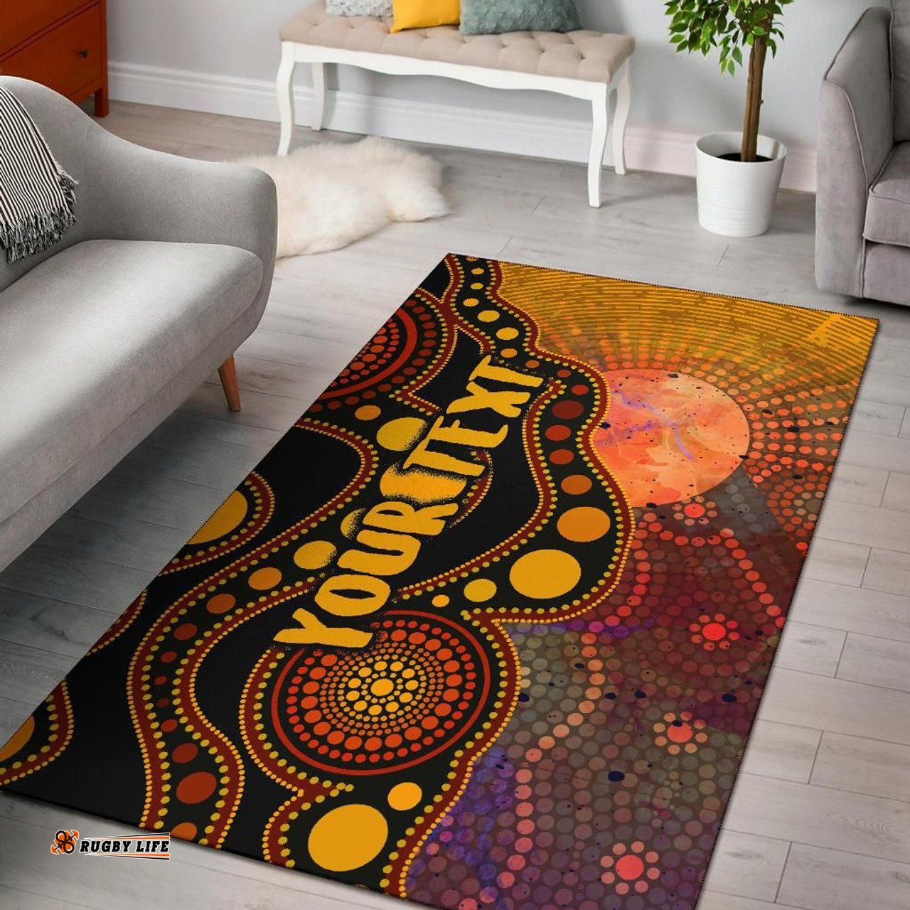 [Custom] Australia Aboriginal Inspired Area Rug - Australia Indigenous Flag Circle Dot Painting Art (Golden)