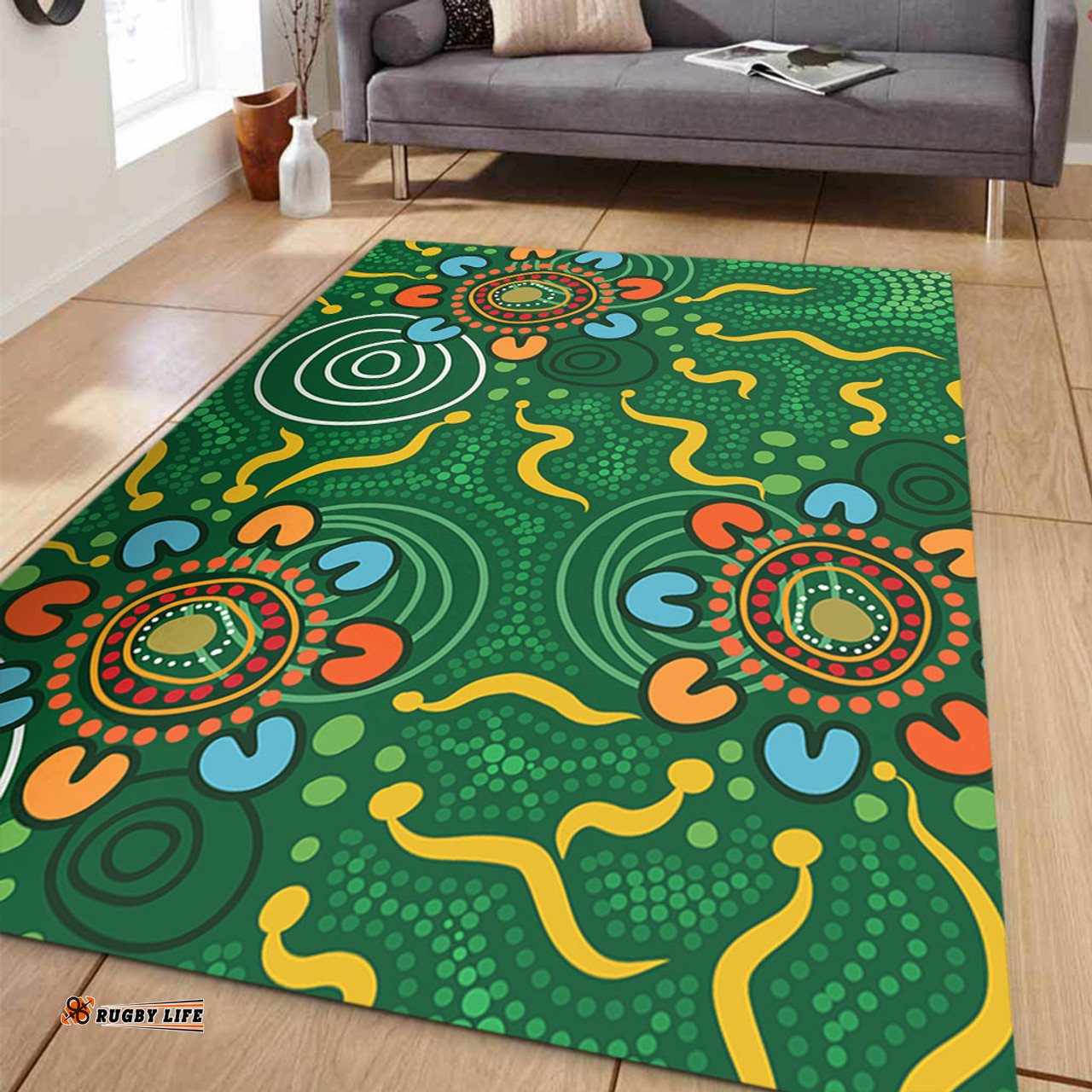 Australia Aboriginal Area Rug - Green Painting With Aboriginal Inspired Dot Area Rug